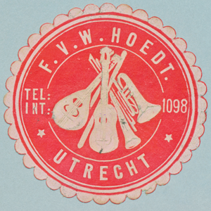 710833 Sluitzegel van F.V.W. Hoedt, [Handel in en Reparateur van Muziekinstrumenten, Lange Jansstraat 11 en Slagtsteeg ...